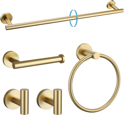 Conjunto de hardware para banheiro Sumerain SUS304 aço inoxidável com 5 peças, barra para toalha de banho de 24 polegadas montada na parede, kit de acessórios redondos para banheiro, dourado escovado