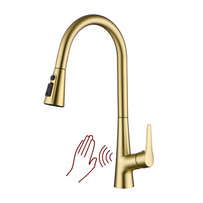 Torneira de Cozinha SUMERAIN com Sensor de Movimento e Puxar para Baixo, Dourado Escovado, Torneira de Pia de Cozinha Sem Toque, Monocomando