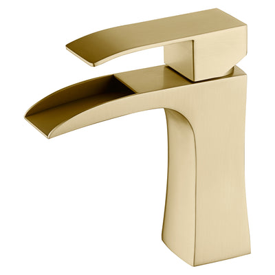 Torneira de Pia de Banheiro com Efeito Cascata SUMERAIN Dourada Escovada, Alça Única, Furo Único, Torneira para Lavabo de Aço Inoxidável