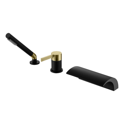 Conjunto de Torneira para Banheira Estilo Cachoeira SUMERAIN Montada na Cuba com Chuveiro Manual, Torneira Romana 3 Furos, Acabamento Preto e Dourado