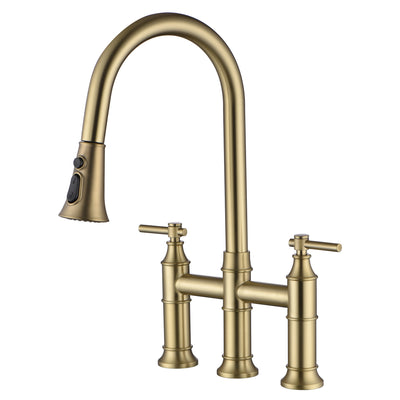 SUMERAIN Torneira de ponte de cozinha central de 8 polegadas com pulverizador pull down de 3 furos Torneira de cozinha de aço inoxidável, ouro escovado