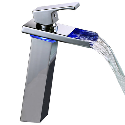 Torneira de Banheiro Sumerain de Cascata com LED, Cromada, Alavanca Única, Furo Único, Torneira para Pia de Banheiro com Mudança de 3 Cores para Cuba
