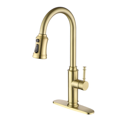 Torneira de Cozinha SUMERAIN de Alça Única com Pulverizador Retrátil, Placa de Montagem para 3 Furos, Dourado Escovado