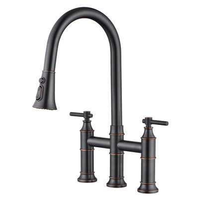 Torneira de cozinha SUMERAIN Bridge com pulverizador pull down, torneira para pia de cozinha com 3 furos, torneira de 2 alças de 8 polegadas para pia de cozinha, aço inoxidável, bronze polido com óleo