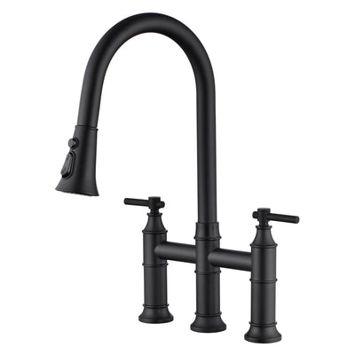 SUMERAIN Bridge Torneira de cozinha com pulverizador pull down preto fosco com 3 furos e 2 alças torneira de pia de cozinha de aço inoxidável
