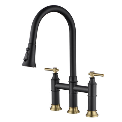 SUMERAIN Bridge Torneira de cozinha com pulverizador pull down, 2 alças, 3 furos, torneira de pia de cozinha, conjunto central de 8 espaços, preto e dourado