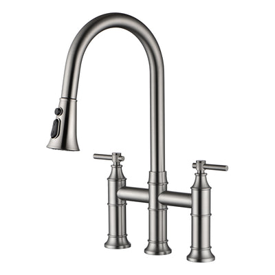SUMERAIN Torneira de cozinha com ponte de 2 alças e pulverizador pull down, torneira de pia de cozinha com 3 furos em aço inoxidável, níquel escovado
