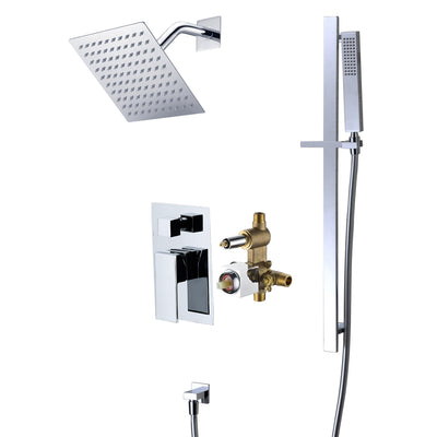 Sistema de Chuveiro Moderno SUMERAIN com Chuveiro de Chuva Quadrado de 8 polegadas, Sistema de Chuveiro Montado na Parede com Alça Única, Válvula de Equilíbrio de Pressão e Chuveiro de Mão, Cromado