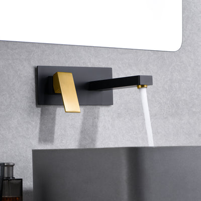 Torneira para pia de banheiro de montagem em parede SUMERAIN com acabamento preto e dourado com alça para canhotos e válvula áspera