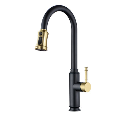 Torneira de Cozinha SUMERAIN de Furo Único com Pulverizador Retrátil, Aço Inoxidável, Bica Giratória, Preto e Dourado