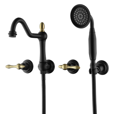 Torneira de Banheira de Parede SUMERAIN High Flow, Torneira Vintage para Banheira com Pulverizador e Válvula de Instalação, Acabamento Preto e Dourado