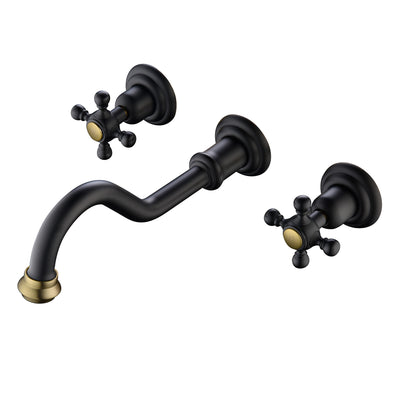 Torneira Vintage para Cuba de Apoio Montada na Parede SUMERAIN - Torneira para Lavabo com 3 Furos e Botões Cruzados em Preto e Dourado, com Válvula Embutida Inclusa