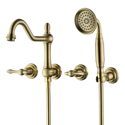 Torneira de Banheira SUMERAIN Montada na Parede com Chuveirinho, Estilo Tradicional, Acabamento Dourado Escovado, Válvula de Instalação Incluída