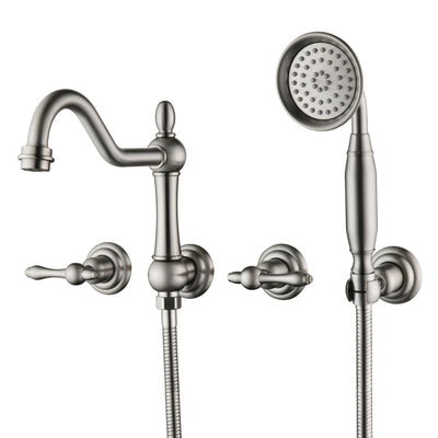 Torneira de Banheira SUMERAIN Montada na Parede com Pulverizador Manual, Estilo Tradicional, Acabamento Níquel Escovado, Válvula de Instalação Incluída