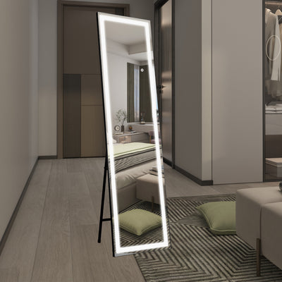 Espelho de Corpo Inteiro SUMERAIN com Luzes LED, Espelho de Chão Iluminado com Regulagem de Brilho e 3 Cores de Iluminação, Suporte para Quarto ou Closet, Moldura Preta, Vidro Temperado à Prova de Quebra, 60"x16"