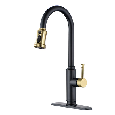 Torneira de Cozinha SUMERAIN com Pulverizador Retrátil, Alça Única, Aço Inoxidável, Bica Alta, Placa de Montagem para 3 Furos, Preto e Dourado