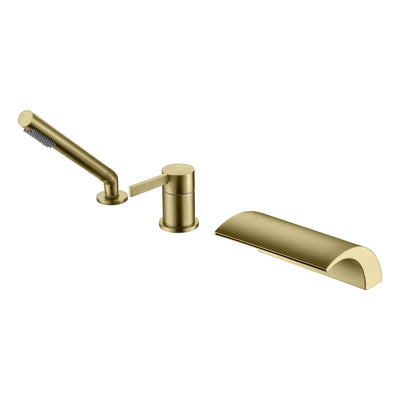 Torneira Romana para Banheira SUMERAIN com Chuveiro Manual, Torneira de Banheira Estilo Cachoeira com Alta Vazão e Manípulo Único Acabamento Dourado Escovado