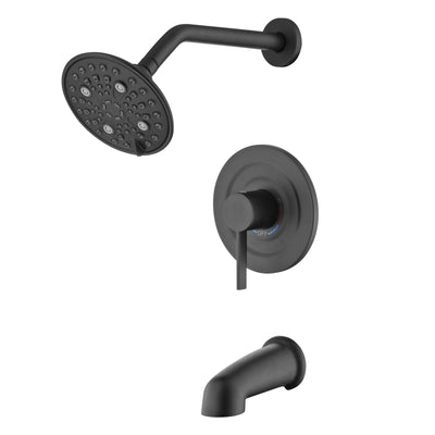 Conjunto Moderno de Torneira para Banheira e Chuveiro sumerain Preto Fosco com Cabeça de Chuveiro de Chuva de 6 polegadas e 6 Configurações e Bica para Banheira, Válvula Incluída