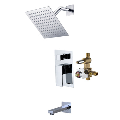 Torneira moderna para banheira e chuveiro montada na parede SUMERAIN com chuveiro de teto quadrado de 8 polegadas, monocomando para banheira e chuveiro com sistema de válvula de equilíbrio de pressão, cromado