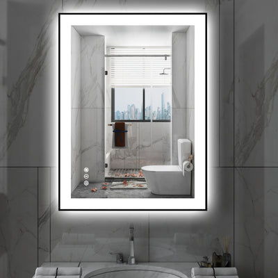 Espelho de Banheiro LED Inteligente Anti-Embaçante Sumerain 28"x36" com Luzes, Espelho de Parede com Moldura Preta, Luz Frontal e Iluminação Traseira, 3 Temperaturas de Cor, Regulagem de Brilho Sem Degraus