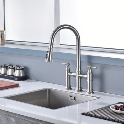 SUMERAIN Torneira de cozinha com ponte de 2 alças e pulverizador pull down, torneira de pia de cozinha com 3 furos em aço inoxidável, níquel escovado