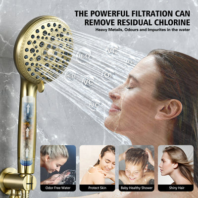 Cabeça de Chuveiro Filtrada SUMERAIN com Filtro para Água Dura - 9 Modos de Spray, Bloqueio de Calcário FOF e Cuidado da Pele com Vitamina C, Cartucho Substituível a Cada 3 Meses para Califórnia/Texas/Illinois, Dourado Escovado