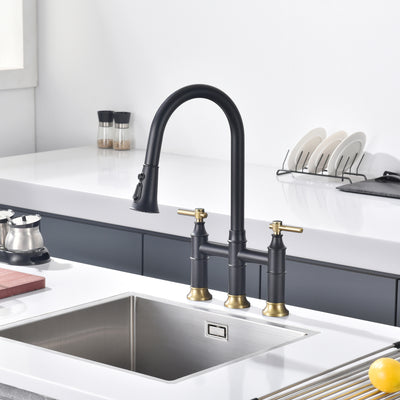 SUMERAIN Bridge Torneira de cozinha com pulverizador pull down, 2 alças, 3 furos, torneira de pia de cozinha, conjunto central de 8 espaços, preto e dourado
