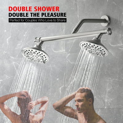 sumerain Dual Shower Head Combo Set for Couples,Brushed Nickel High Pressure 6 Spray Settings Showerhead,20 Inch Long Shower Arm