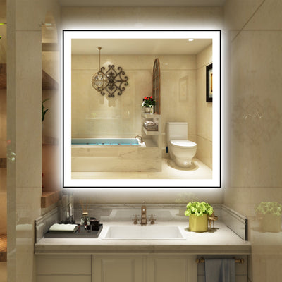 Espelho de Banheiro LED Sumerain 36 x 36 Polegadas com Luzes, Moldura de Alumínio Preta, Espelho de Penteadeira Inteligente com Iluminação Regulável para Parede, 3 Temperaturas de Cor, Antiembaçante