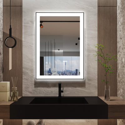 Espelho de Banheiro LED Sumerain 20 x 28 Polegadas com Moldura, Espelho de Penteadeira com Iluminação Frontal e Traseira, Espelho de Parede Antiembaçante e Regulável com 3 Temperaturas de Cor, Função de Memória e Vidro Temperado