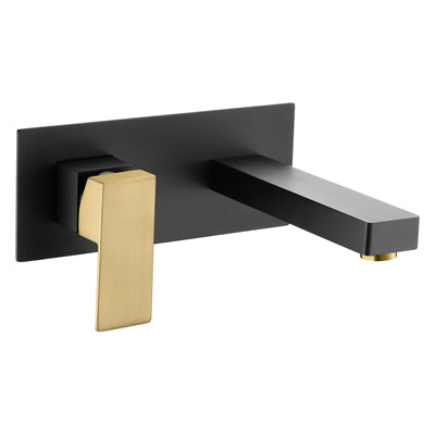Torneira para pia de banheiro de montagem em parede SUMERAIN com acabamento preto e dourado com alça para canhotos e válvula áspera