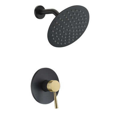 Conjunto de torneira de chuveiro de função única SUMERAIN preto e dourado, aço inoxidável cabeça de chuveiro de chuva de 8 polegadas alça única com válvula áspera kit de acabamento de chuveiro