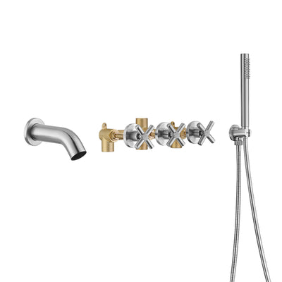 Torneira para banheira com 3 alças e montagem em parede com pulverizador, torneira para banheira em cascata de níquel escovado
