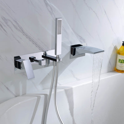 Torneira para banheira de montagem em parede Sumerain com chuveiro de mão, torneira para banheira em cascata com acabamento cromado Torneira para canhotos