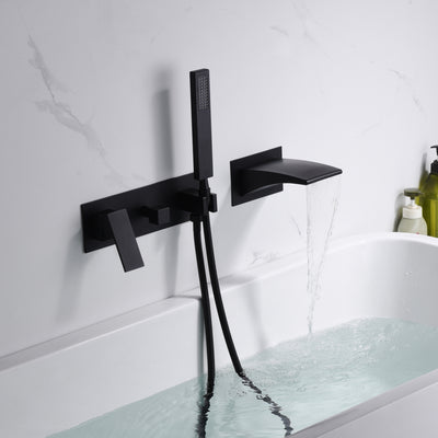 Torneira para banheira com montagem em parede preta sumerain, torneira para banheira em cascata com chuveiro de mão, torneira para canhotos