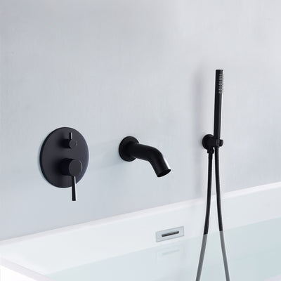 Torneira para banheira de parede preta fosca com desviador de chuveiro de mão, bico em cascata