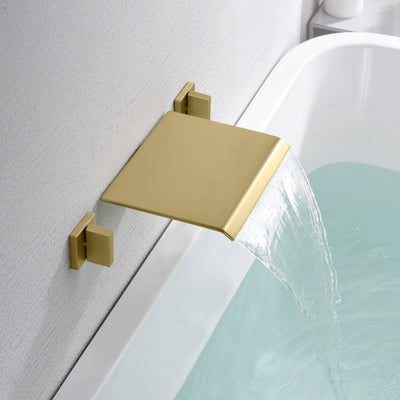 Torneira cascata para banheira, montagem na parede, com válvula, enchimento de banheira de ouro escovado, 3 furos, alto fluxo