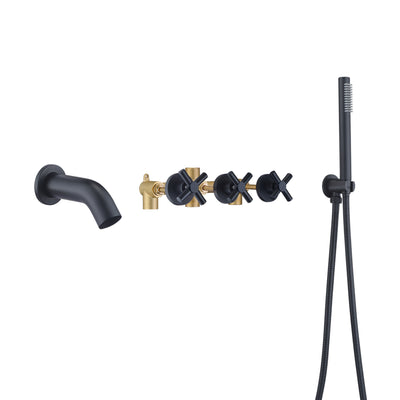 Torneira para banheira de montagem na parede com chuveiro de mão, torneira para banheira com 3 alças, preto fosco