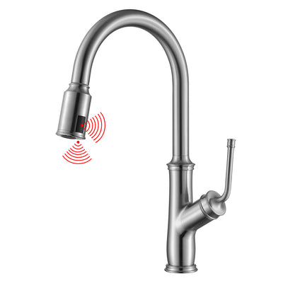 Torneira de cozinha sem toque com pulverizador pull down, acabamento em níquel escovado