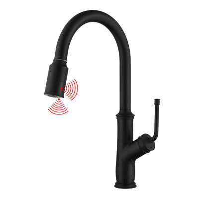 Torneira de cozinha sem toque preta com pulverizador pull down, dois sensores ativados por movimento