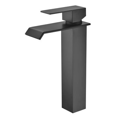 Torneira de banheiro preta fosca cascata de alça única, torneira de pia de vaso com design moderno de furo único