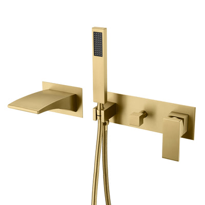 Torneira para banheira de parede em ouro escovado com chuveiro de mão, bica em cascata com pulverizador e válvula