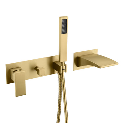 Torneira para banheira de montagem em parede sumerain com chuveiro de mão, torneira para banheira em cascata, ouro escovado, torneira para canhotos