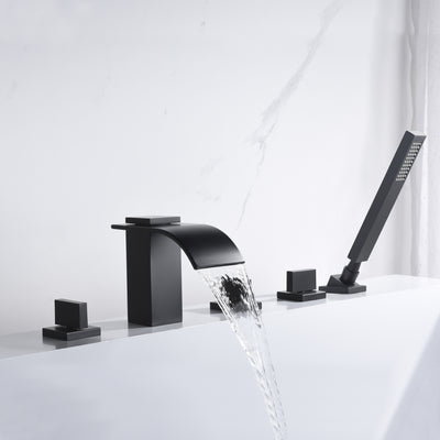 Torneira para banheira romana preta fosca montada no convés com bico em cascata para alto fluxo