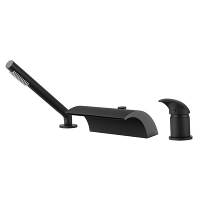 Torneira para banheira romana preta montada no deck com chuveiro de mão, bico cascata de alto fluxo com desviador