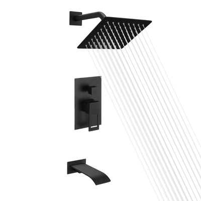 Conjunto preto de banheira e torneira de chuveiro com bica de banheira em cascata e válvula anti-escaldante