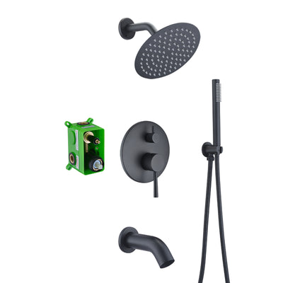 Conjunto de sistema de chuveiro de chuva preto fosco Sumerain com bica de banheira em cascata