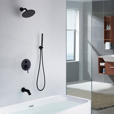 Conjunto de sistema de chuveiro de chuva preto fosco Sumerain com bica de banheira em cascata