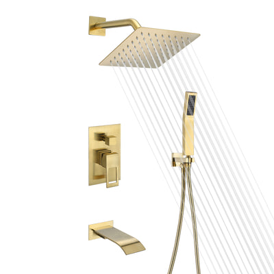 Banheira de ouro escovado e sistema de chuveiro com bico de banheira em cascata, válvula de equilíbrio de pressão