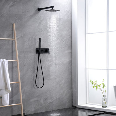 Sistema de chuveiro de chuva preto fosco Sumerain com chuveiro de mão, válvula de equilíbrio de pressão